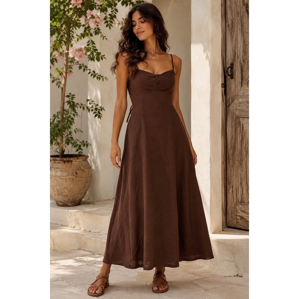 Poéselle Brown Cotton Maxi Dress Tie Back Button Front Sleeveless Size S